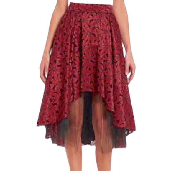 $250 ABS Lace + Tulle Hi Lo Skirt 8 Red Black Tulle Undershirt High Low Pockets - Picture 3 of 16